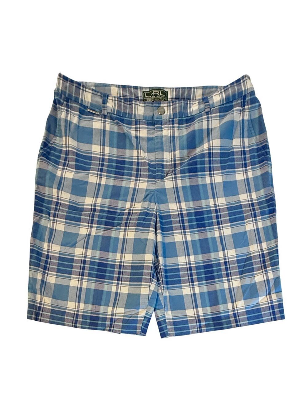 LRL Ralph Lauren Active Shorts Women 14 Blue White Plaid Bermuda Outdoor Golf